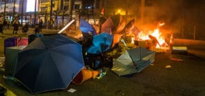 A fire begins at a protest in Hong Kong