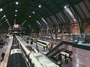 Photograph of a large, modern train station in England.