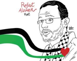 An illustration of Refaat Alareer (1979–2023), a Palestinian professor, writer, and poet from Gaza.