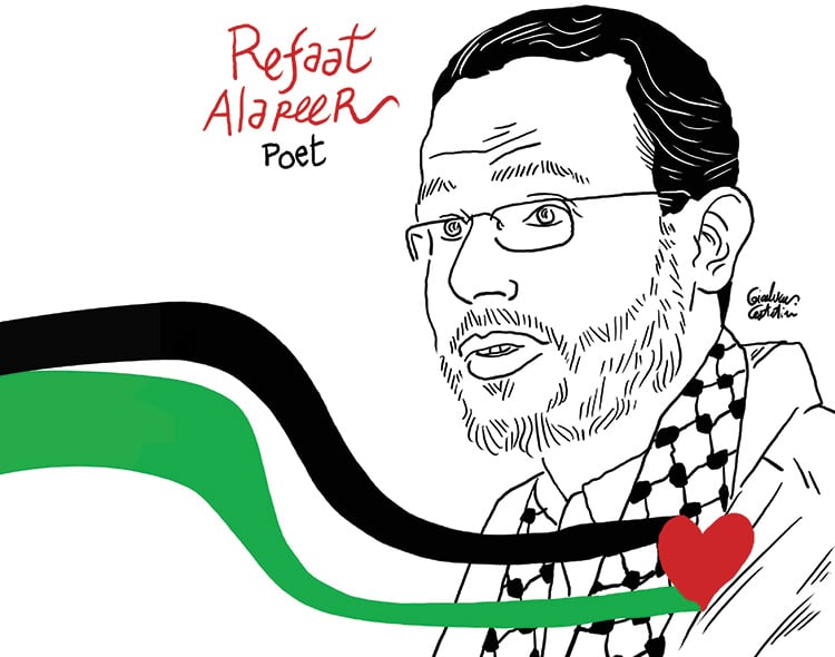 An illustration of Refaat Alareer (1979–2023), a Palestinian professor, writer, and poet from Gaza.