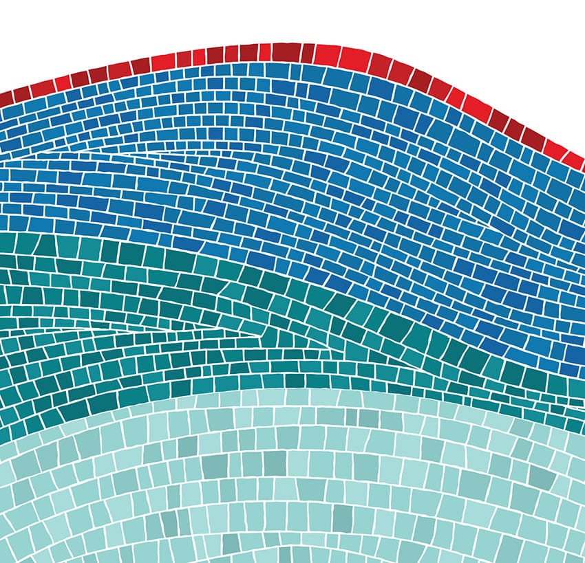 An abstract tiled mosaic in shades of blue, green, and red.