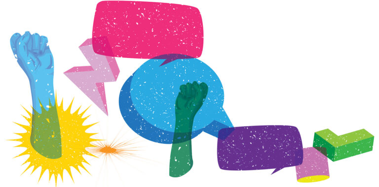 speech bubbles and abstract hopes in bight colors with a distressed effect.