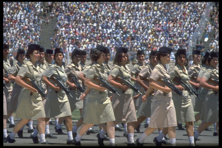 IDF [IOF]women soldiers on parade during the State of Israel's 30th Independence Day celebrations, held at the Hebrew University Stadium in Jerusalem. Photo Credit: Milner Moshe, May 11, 1978