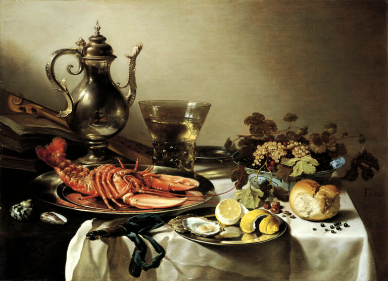 Pieter Claesz, Plate with lobster, silver jug, large Berkenmeyer, fruit bowl, violin, and books.