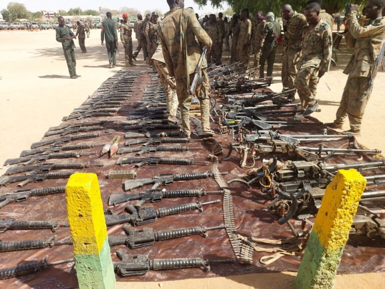 Sudanese army soldiers show weapons allegedly seized from the RSF paramilitaries in Khartoum North, March 18, 2024. Photo Credit: SAF Facebook Page