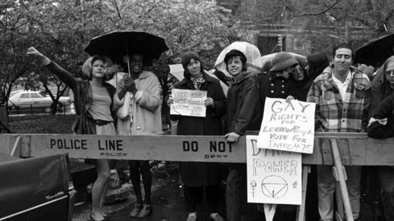 Gay rights activists (from left) Sylvia Rivera, Marsha P. Johnson, Barbara Deming and Kady Vandeurs rally for gay rights in New York City in 1973. Photo Credit: DIANA DAVIES/MANUSCRIPTS AND ARCHIVES DIVISION, THE NEW YORK PUBLIC LIBRARY