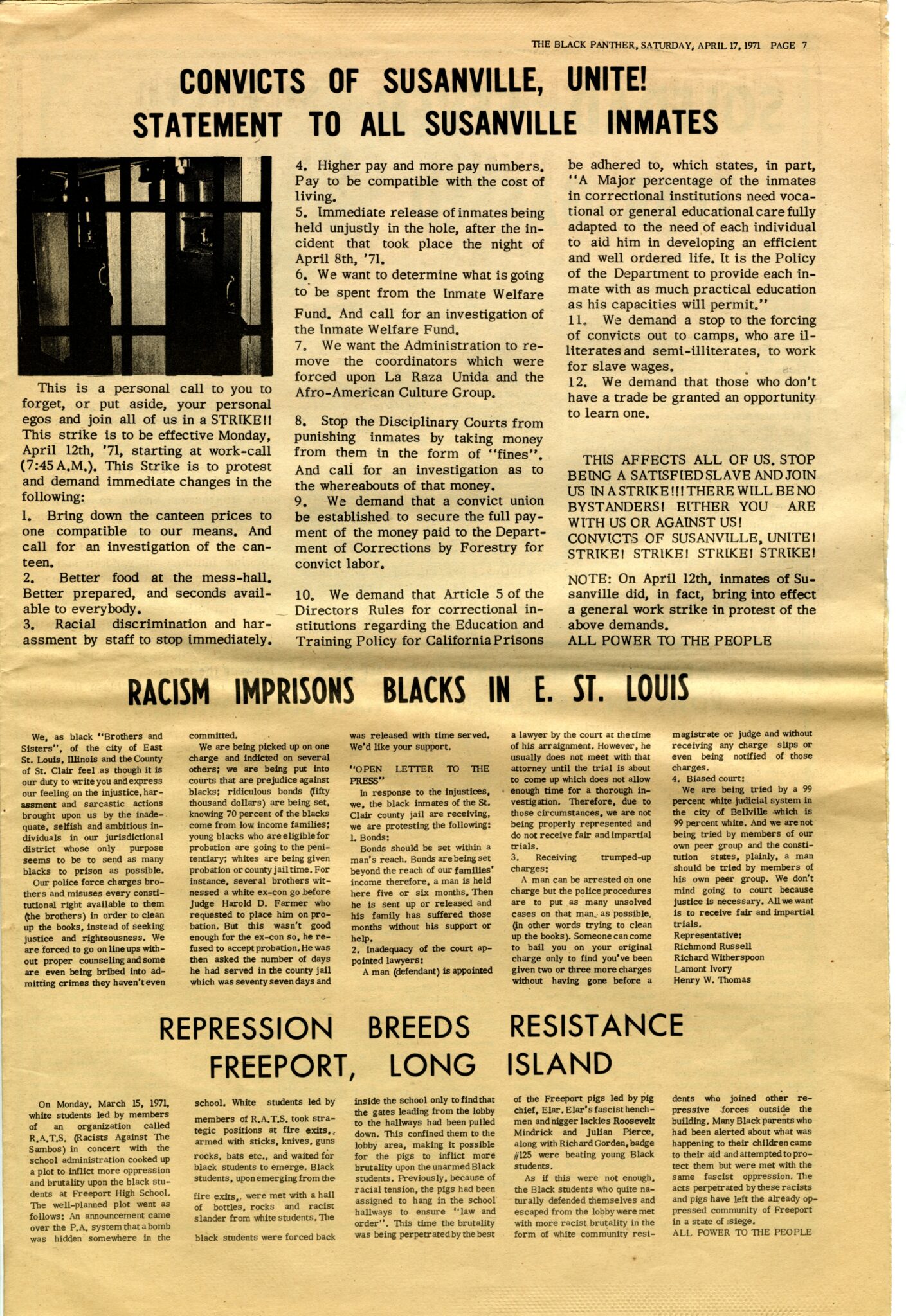 "Convicts of Susaniville Unite! Message to All Susanville Inmates," Black Panther, April 17, 1971 . Courtesy of The Freedom Archives