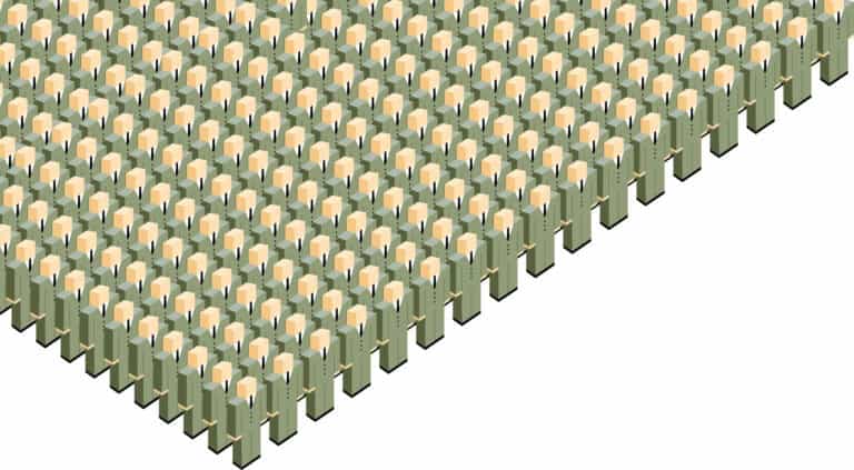 Geometric vector illustration of blocky people in suits arranged in straight lines.