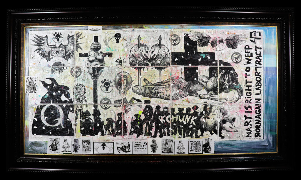 Adam Turl, Born Again Labor Tract 43: Mary's Right to Weep - mixed media collage and painting, digital prints, acrylic, marker, ink, graphite, glitter, wig-hair, Post-It notes, ash of burned American flags, stickers, coffee, cotton and ash on salvaged "thrift-store painting," approx 60 x 40 inches (2025)
