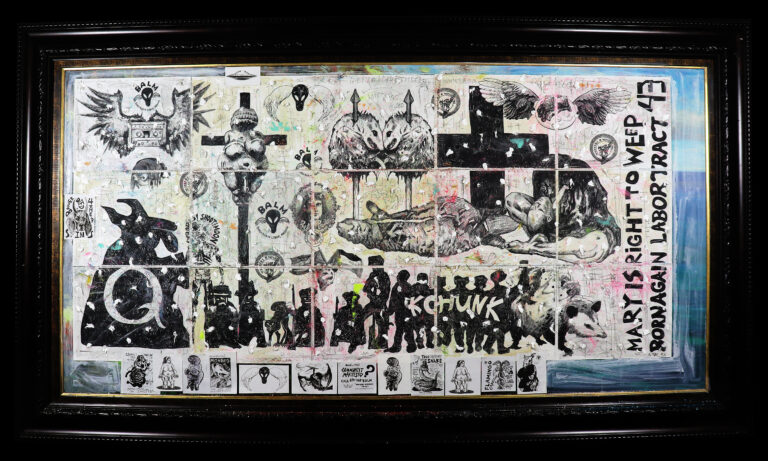 Adam Turl, Born Again Labor Tract 43: Mary's Right to Weep - mixed media collage and painting, digital prints, acrylic, marker, ink, graphite, glitter, wig-hair, Post-It notes, ash of burned American flags, stickers, coffee, cotton and ash on salvaged "thrift-store painting," approx 60 x 40 inches (2025)