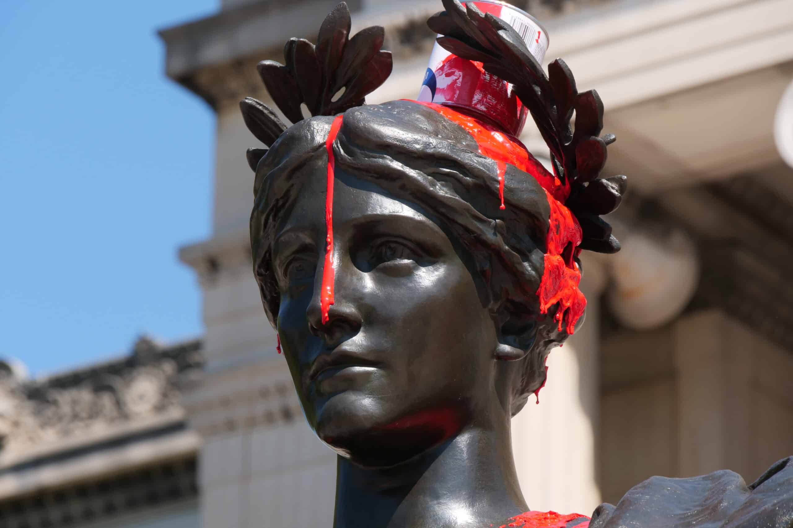 Close up of Columbia's Alma Mater covered in red paint on the first day of fall classes, 2024. Photo Credit: Wm3214 via Wikimedia Commons
