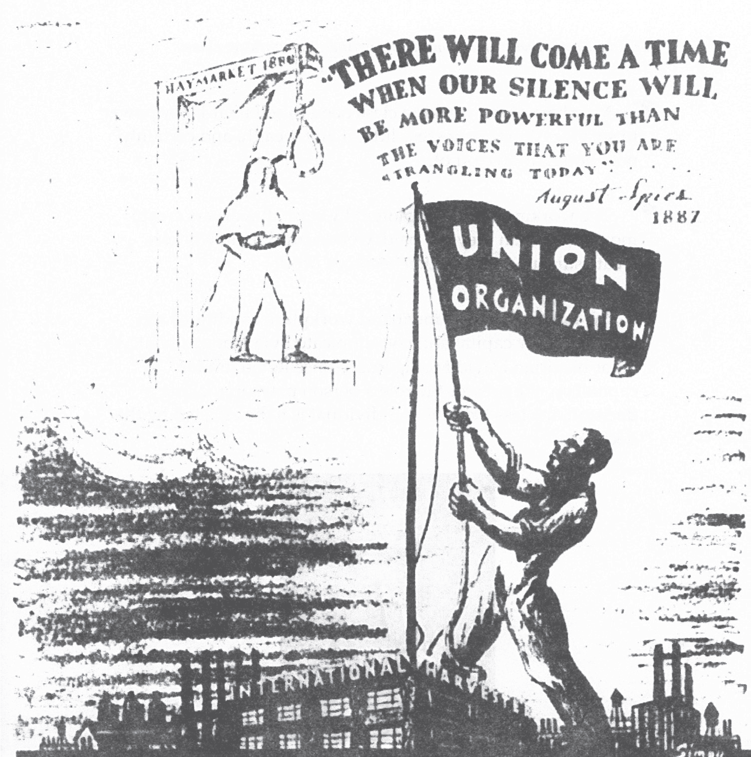 FEWOC Haymarket cartoon connecting the 1938 FE contract to the Haymarket Martyrs. The Midwest Daily Record, 1938. Photo Credit; The Long Deep Grudge, 60.