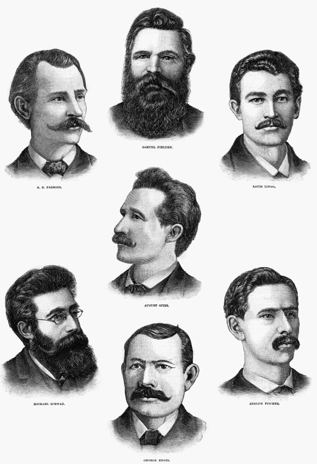 Portrait of the Haymarket Eight. Photo Credit: Frank Leslie's Illustrated newspaper via wikimedia