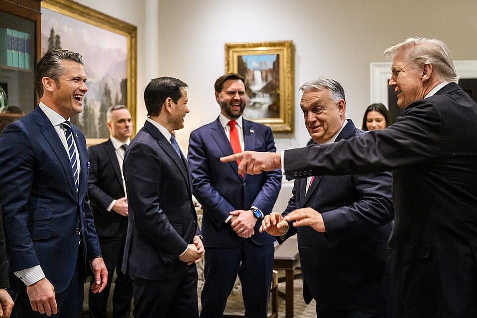 Hungarian Prime Minister Viktor Orban greets Vice President JD Vance and members of the U.S. delegation in the West Wing Lobby of the White House, Friday, November 7, 2025, before a meeting with President Donald Trump. (Official White House Photo by Molly Riley)