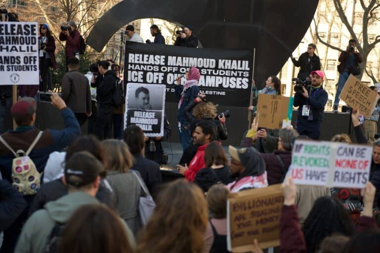 Protests in Thomas Paine Park against the detention of Palestinian activist and Columbia student Mahmoud Khalil.