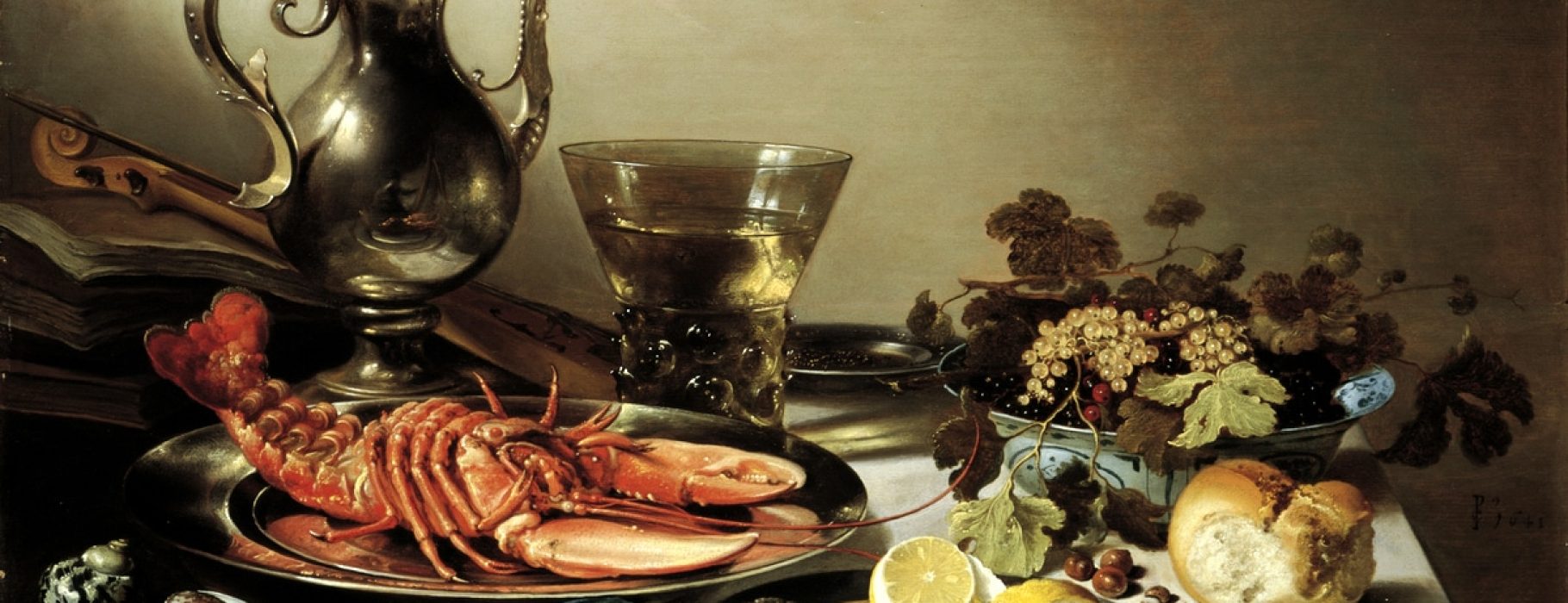 Pieter Claesz, Plate with lobster, silver jug, large Berkenmeyer, fruit bowl, violin, and books.