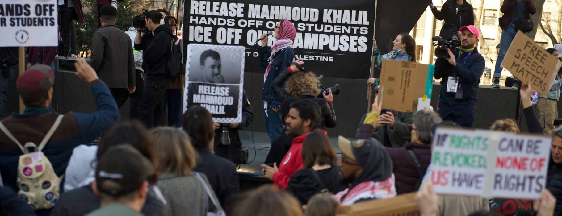 Protests in Thomas Paine Park against the detention of Palestinian activist and Columbia student Mahmoud Khalil.