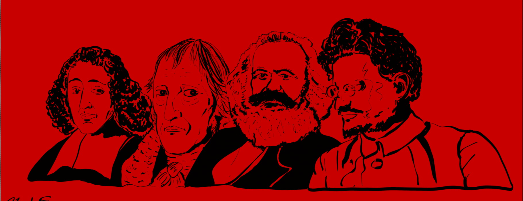 Drawing of the busts of Spinoza, Hegel, Marx, and Trotsky, set against a red background.