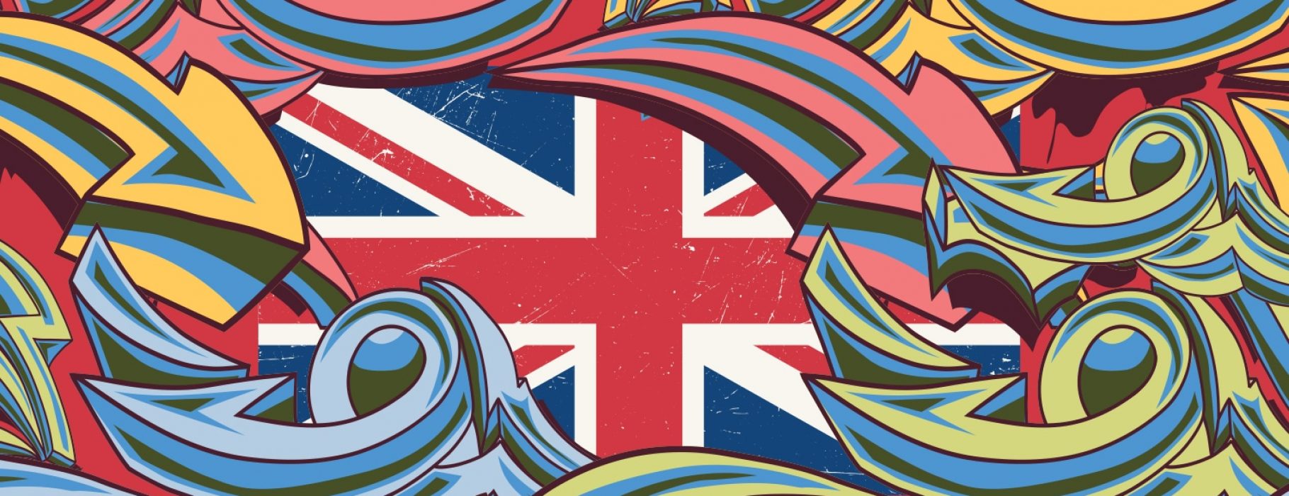 Graffiti-style arrows twist, turn, and point in multiple directions over the flag of the United Kingdom.