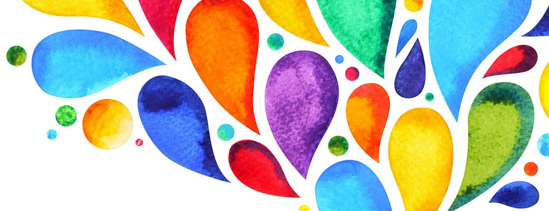 Paisley shapes in many sizes rendered in bright watercolor: blue, green, orange, yellow, and purple.