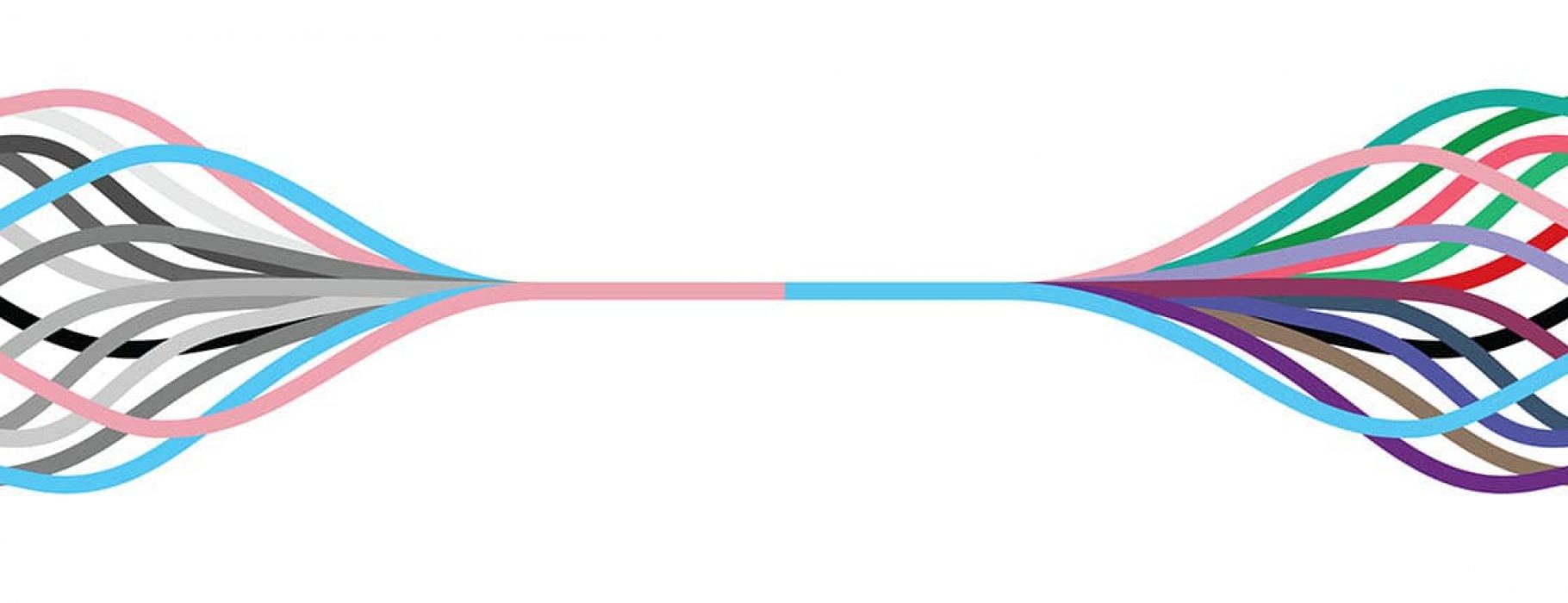 A series of thick, wavy lines flare out at the right and left, collapsing into a single line toward the middle, creating the colors of the trans flag