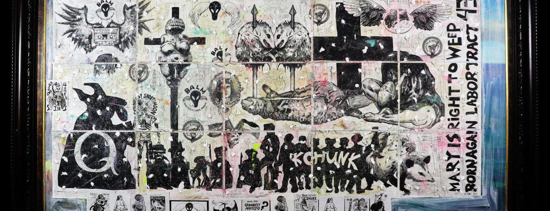 tract42-newshot-black Adam Turl, Born Again Labor Tract 43: Mary's Right to Weep - mixed media collage and painting, digital prints, acrylic, marker, ink, graphite, glitter, wig-hair, Post-It notes, ash of burned American flags, stickers, coffee, cotton and ash on salvaged "thrift-store painting," approx 60 x 40 inches (2025)